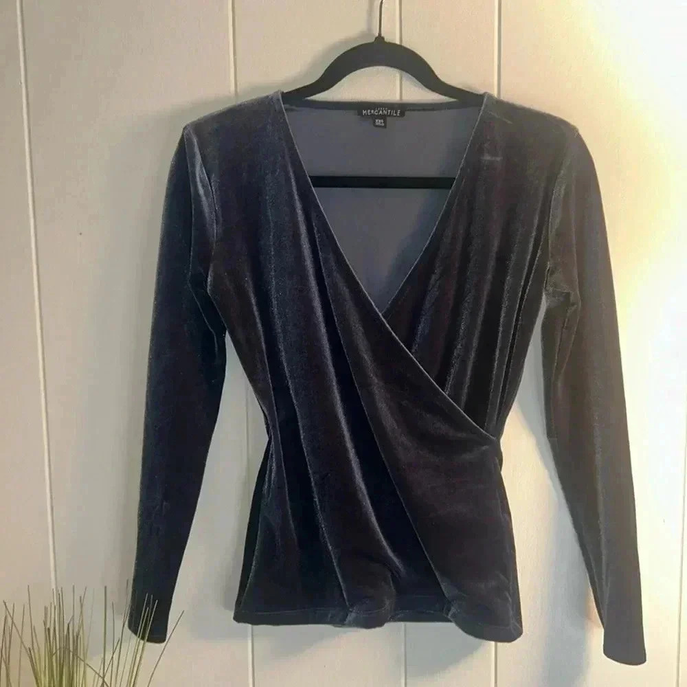 J. Crew Mercantile Slate Blue Velvet Faux Wrap Top size XXS